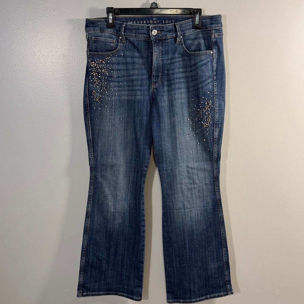 WHBM Everyday Soft Skinny Flare Jeans Blue Embellished Pearl Rhinestone 14P